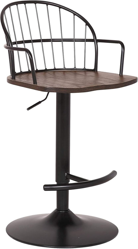 Armen Living Edward Adjustable Walnut Glazed Barstool in Black Powder Coated Finish