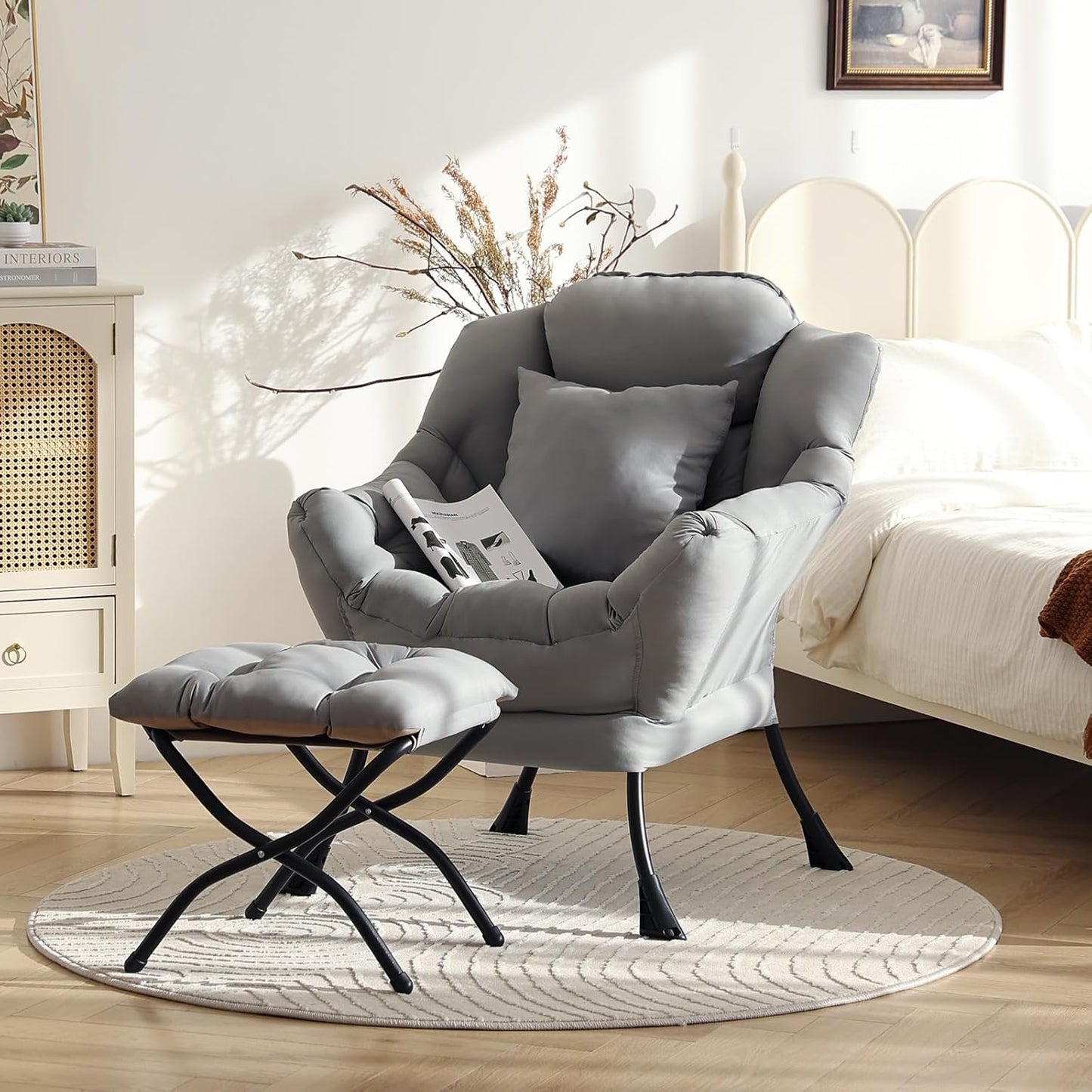 Lazy Chair with Ottoman, Modern Large Accent Lounge Chair with a Pillow, Leisure Sofa Armchair with Ottoman, Reading Chair with Footrest for Bedroom, Living Room, Dorm Room,Peach Light Gray