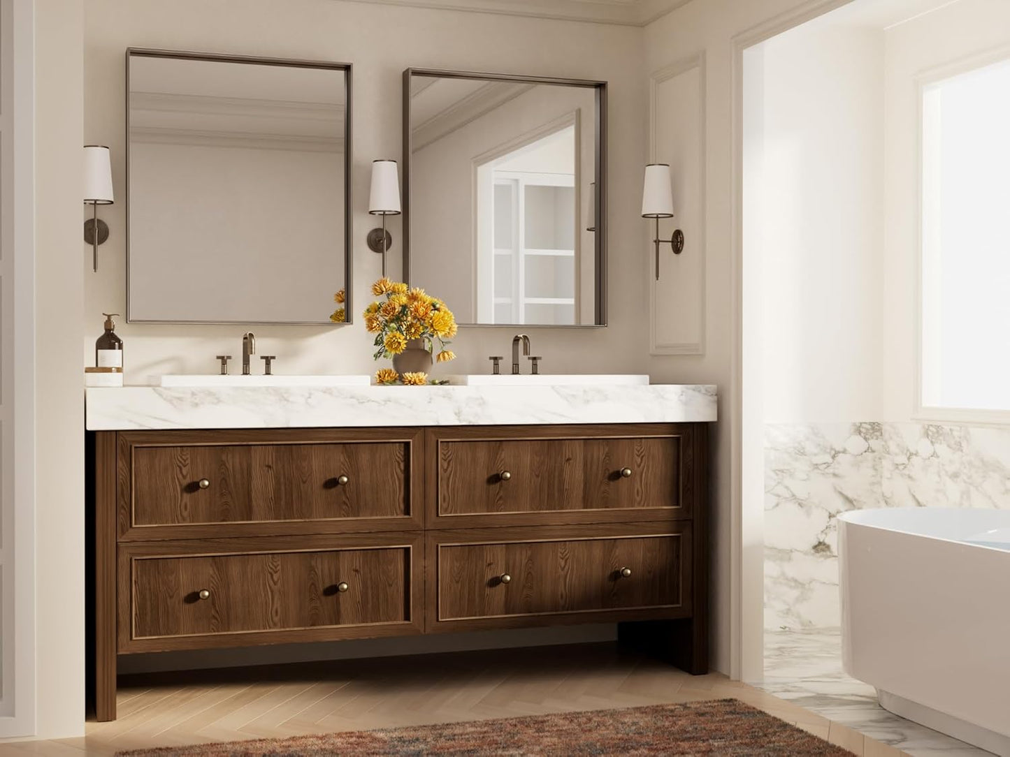 Keonjinn 30 x 36 Inch Brushed Bronze Bathroom Mirror, Metal Framed Rectangular Vanity Mirror for Wall, Square Corner, Modern Farmhouse, Rectangle Bathroom Mirrors for Over Sink(Horizontal/Vertical)