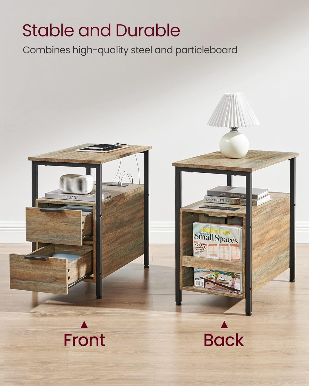 VASAGLE Side Table with Charging Station, Narrow End Table with 2 Drawers, Slim Nightstand and Bedside Table with Storage, for Small Spaces, Oak with Blue Grains and Black ULET321B60