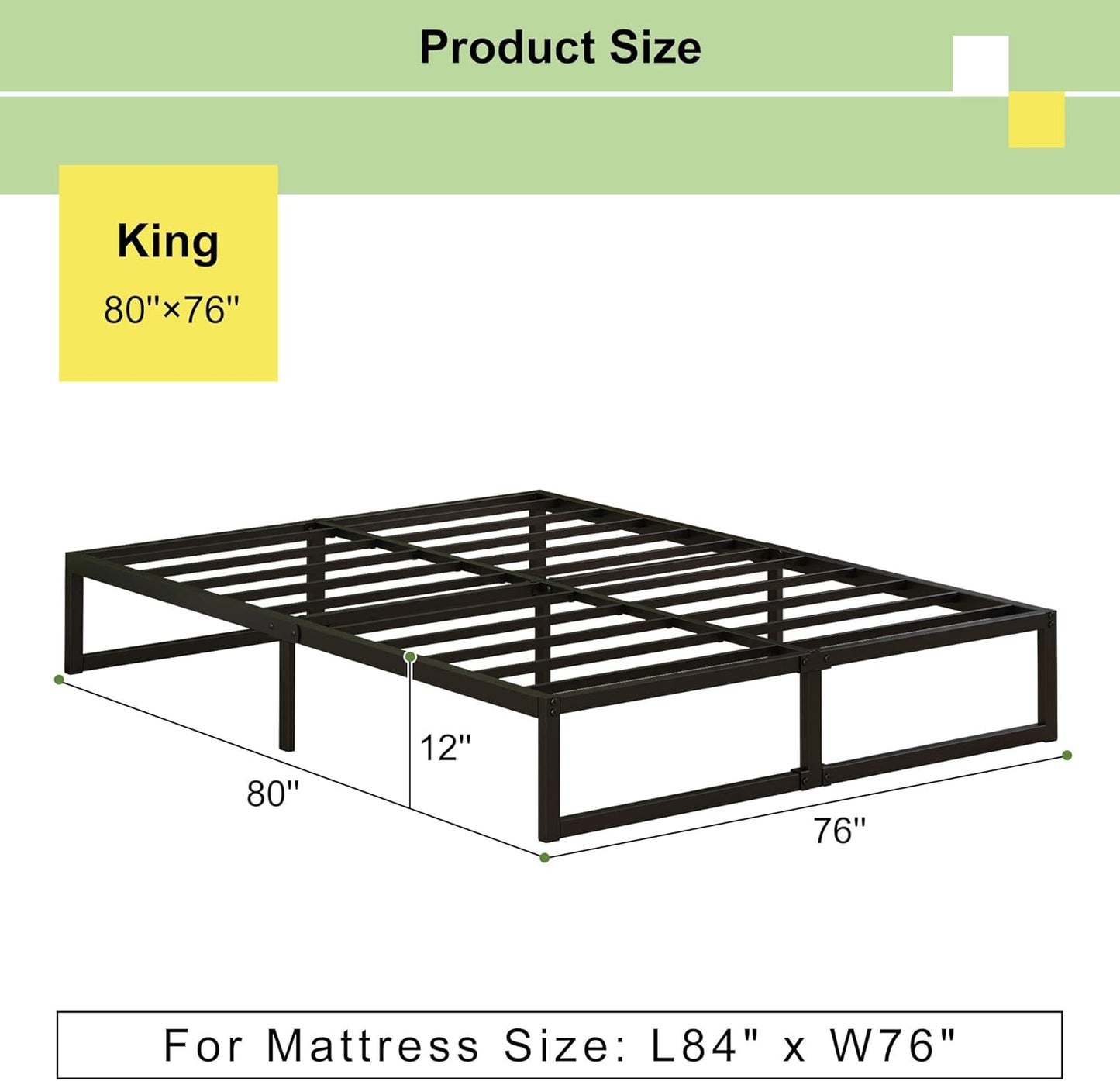 EMODA 12 Inch King Size Bed Frame No Box Spring Needed, Heavy Duty Metal Platform with Steel Slats, Noise Free, Easy Assembly, Black