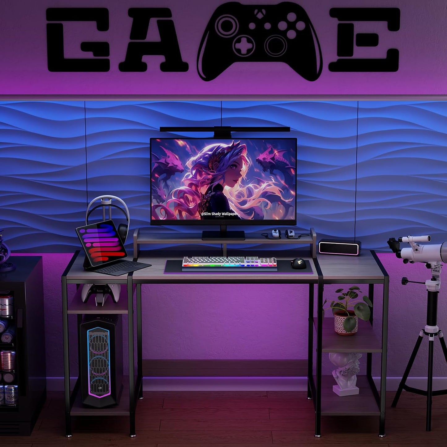 Computer Gaming Desk with Monitor Stand, Home Office Desk Suitable for 2 Monitors, Writing Desk with Adjustable Storage Space,Sturdy and Durable Modern Small Desk (Grey, 55 inchs)