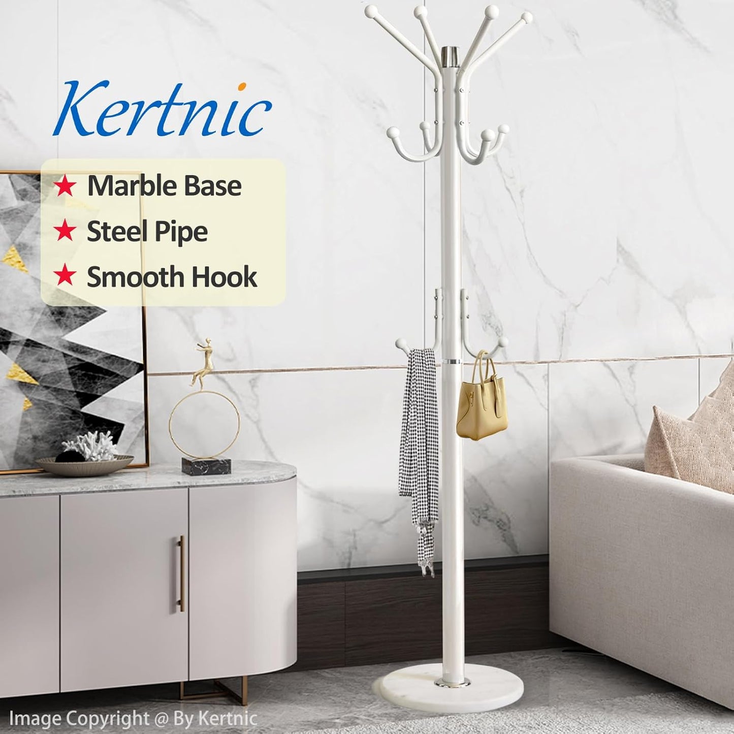 Kertnic Modern Coat Rack Freestanding with Natural Marble Base & Sturdy Metal Frame, 11 Hooks Hall Tree for Jackets, Hats, Bags, Entryway Organizer for Bedroom, Living Room, Closet (White)