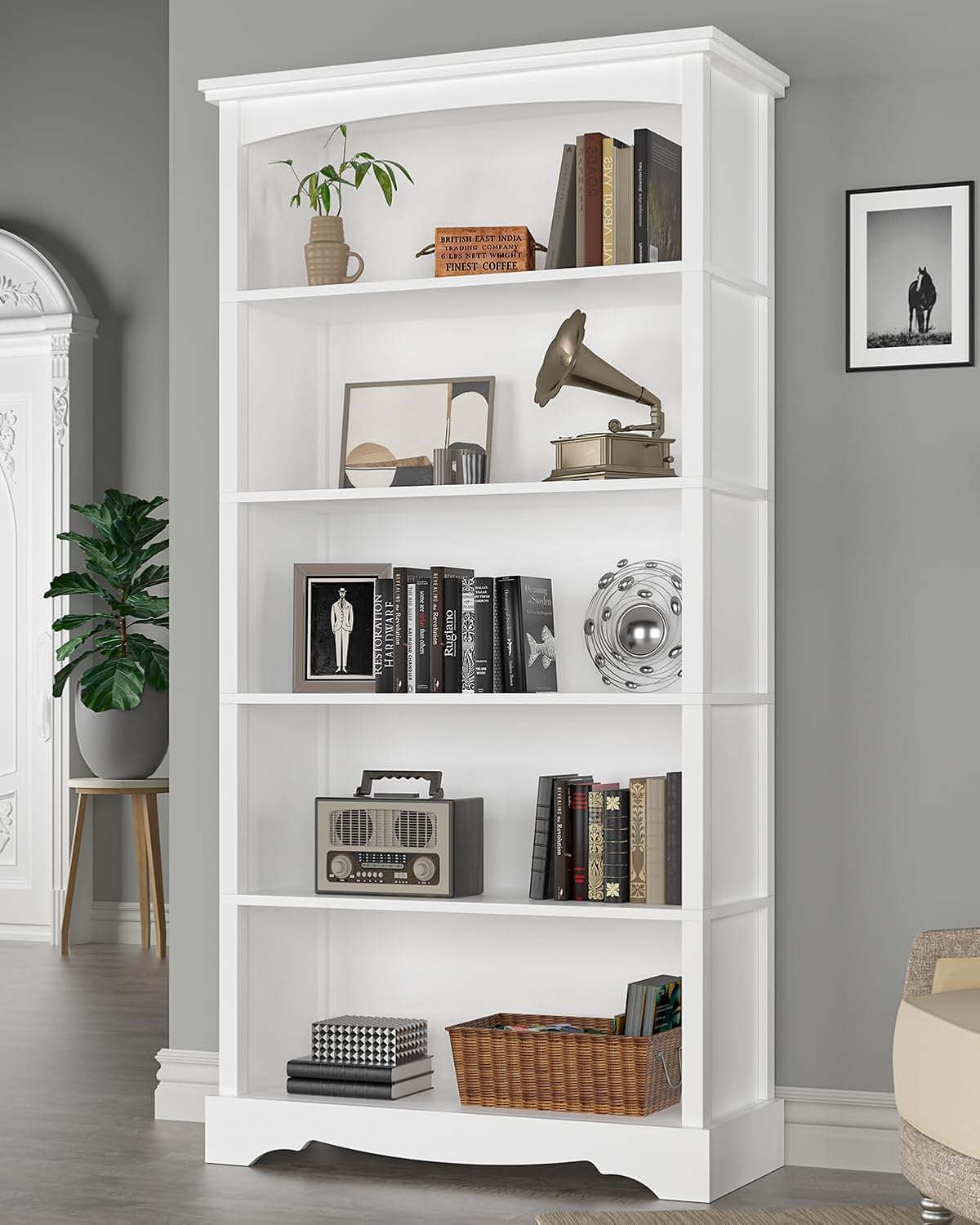 TVU 5-Tier Wood Book Shelf, 65 Inch Tall Bookshelf with Storage, Floor Standing Display Bookcase for Living Room, Office, Study Room, Entryway, White