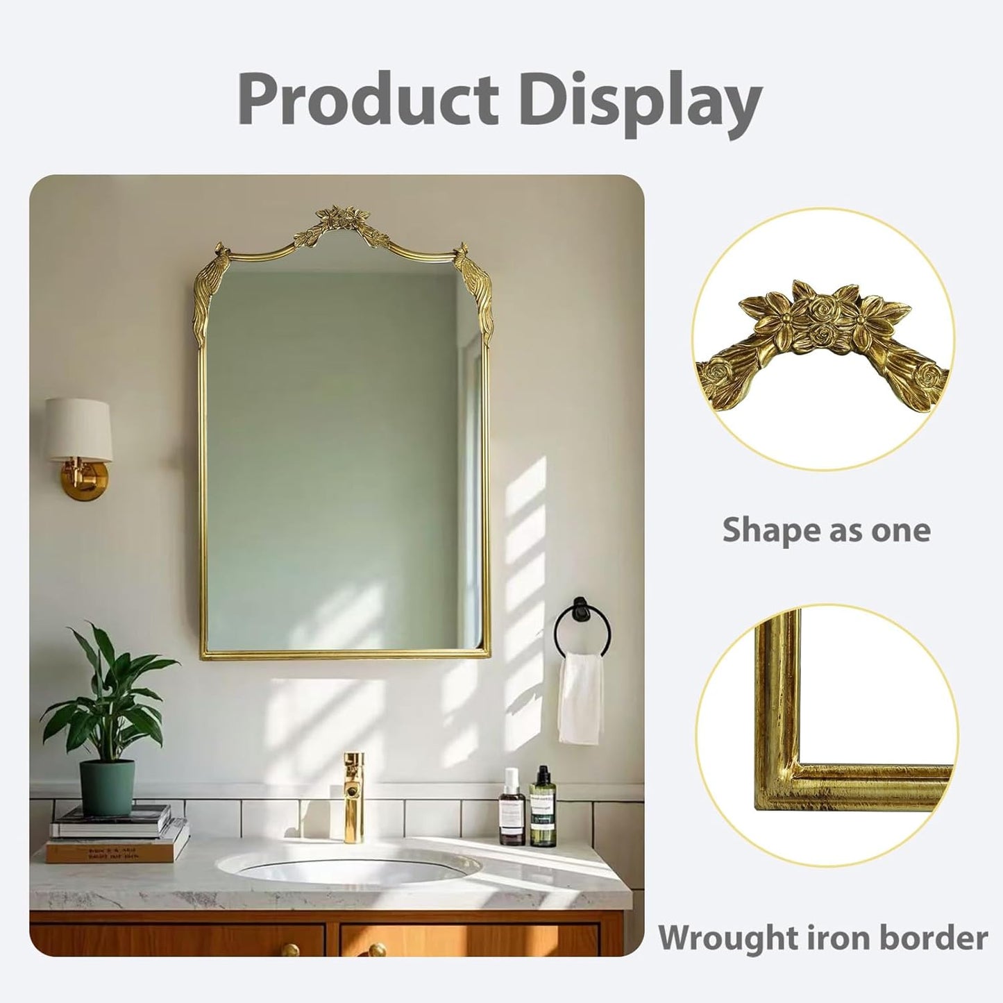 European Retro Mirror, Wall Mirror, Traditional Retro Baroque Mirror, Traditional Gorgeous Arched Wall Mirror，Can be Used for Decoration