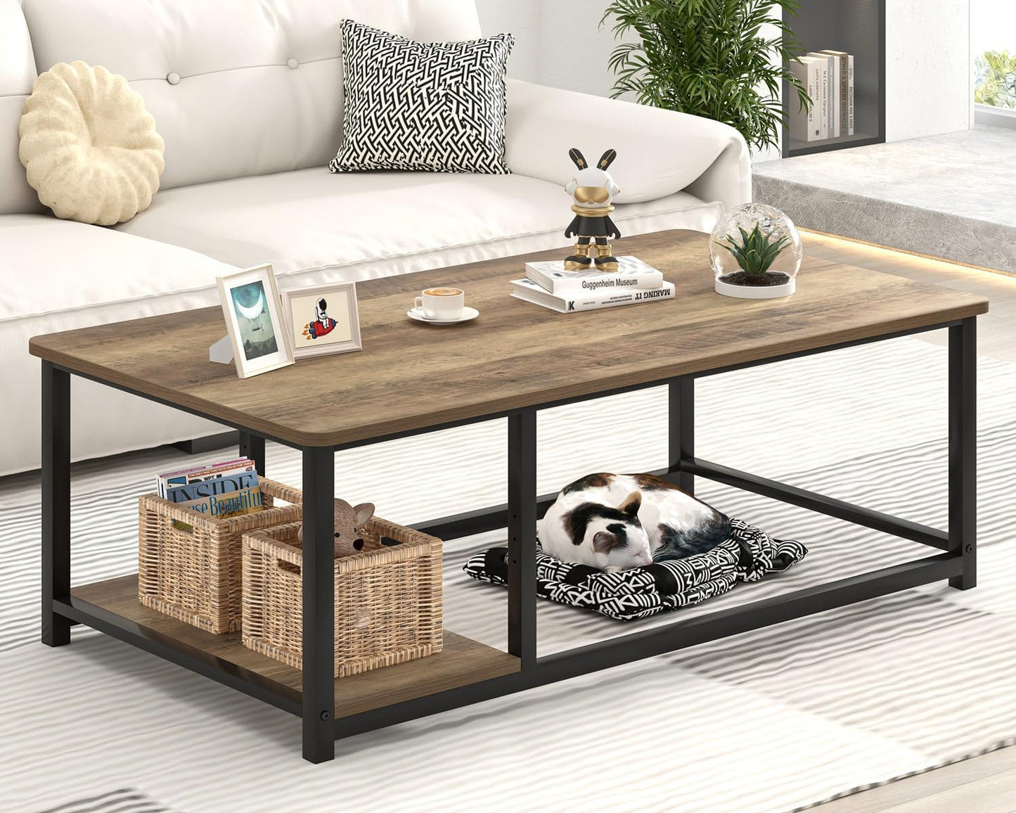 EXCEFUR Coffee Table with Storage Shelf, Modern Wood and Metal Center Table for Living Room, Rustic Oak, 47 Inch