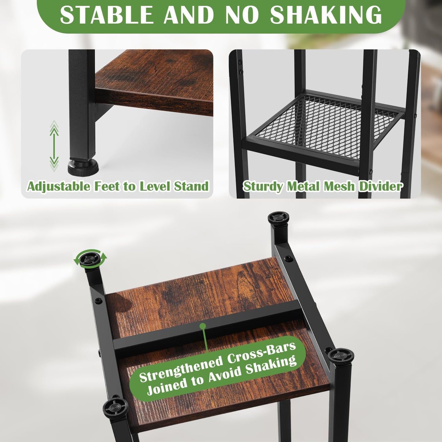 Extra Tall Plant Stand Indoor,40 Inch Plant Stands,3 Tier Metal Plant Stand with Heavy Duty Wood and Metal Mesh Shelf,Rustic Brown and Black