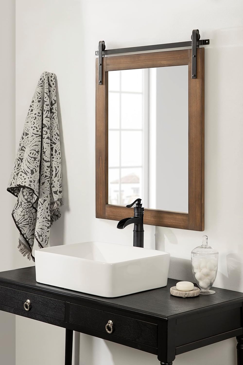 Kate and Laurel Cates Refined Decorative Framed Wall Mirror; 24 x 30; Walnut Brown; Farmhouse Barn Door-Inspired Wall Decor with Substantial Frame and Modern Charm