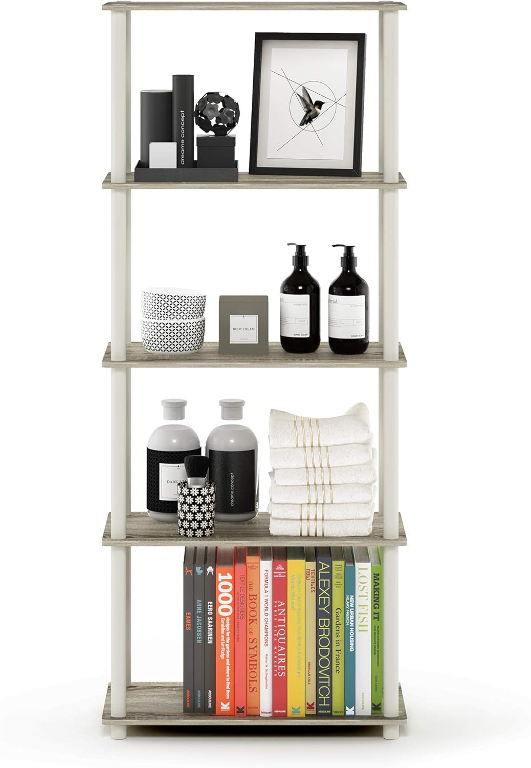 Furinno Turn-N-Tube 5-Tier Multipurpose Shelf / Display Rack / Storage Shelf / Bookshelf, Round Tubes, Sonoma Oak/White