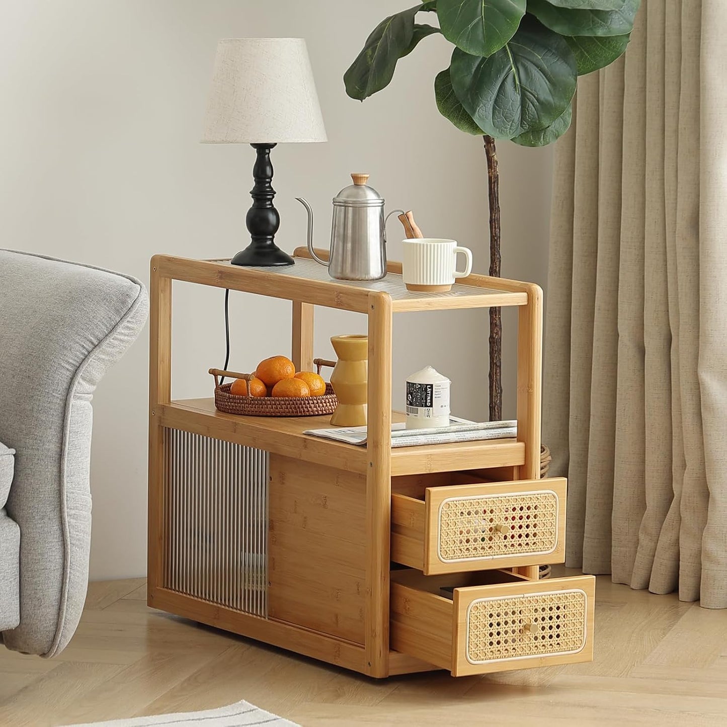 Rattan Nightstand Side Table with Storage, Bamboo Nightstand Bedside Table, Glass Mid Century Modern End Tables for Small Spaces, Living Room, Bedroom，Wood