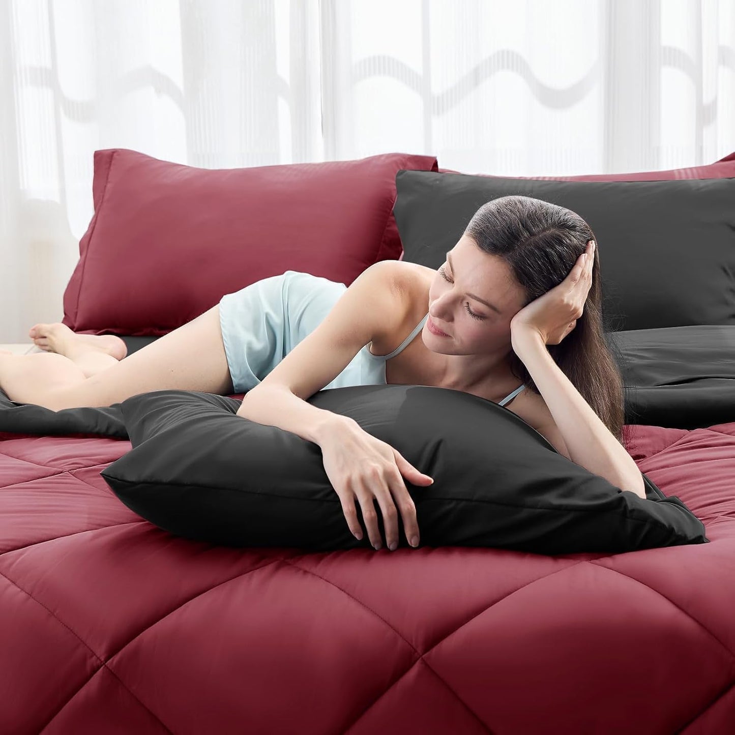 HEVUMYI Red & Black Cali-King Comforter Set - 7-Piece All Season Bed in a Bag Cali-King, Ultra Soft Burgundy Bedding Set with Comforter, Flat Sheet, Fitted Sheet, Pillowcases, Pillow Shams, Burgundy