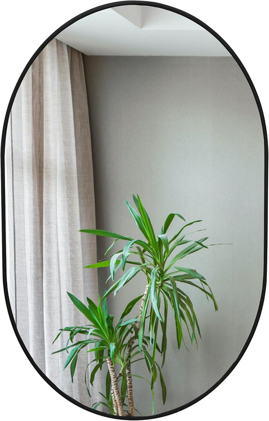 Oval Bathroom Mirror 22x30 Inch, Pill Shape Black Framed Wood Wall Mirrors with Tempered Glass for Modern Bedroom,Entryway or Living Room(Hanging Vertical or Horizontal)