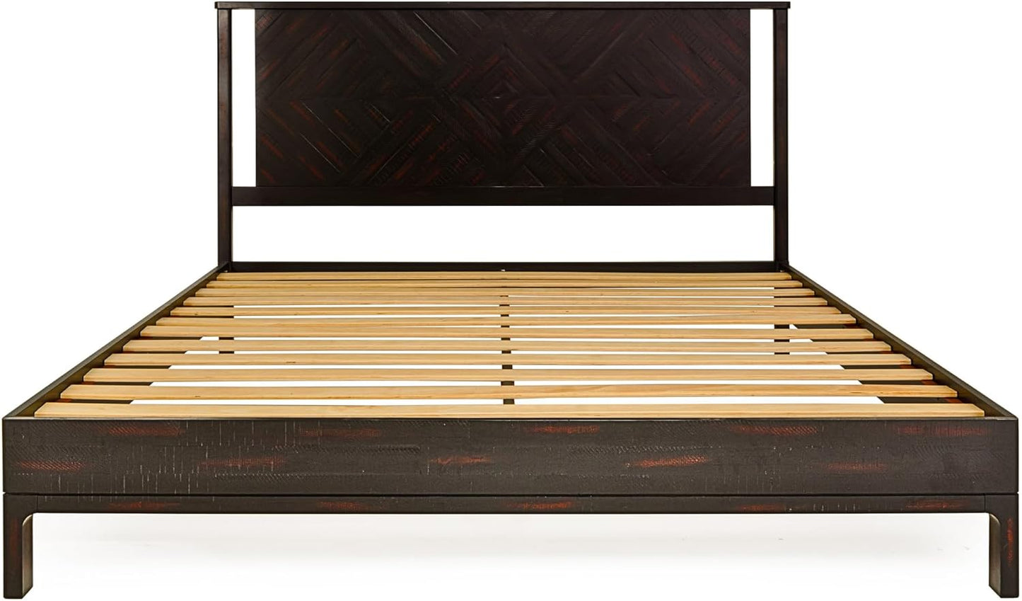 Bme Ethan King Size Bed Frame with Diamond Headboard, Rustic Mid-Century Modern, Solid Acacia Wood, No Box Spring Needed, Slat Support, Rustic Black