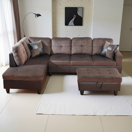 L Shaped Couch Upholstered Flannel Fabric 3 Pieces Sofas for Living Room with Chaise, Storage Ottoman for Office and Small Apartment, Dark Brown