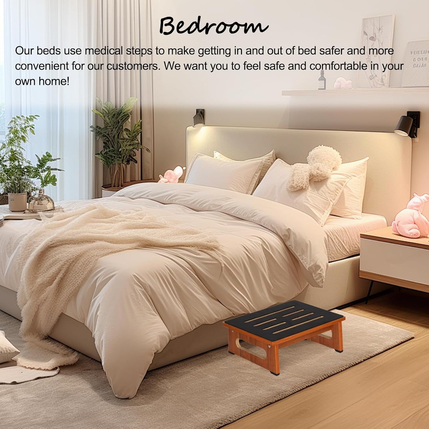 Wooden Step Stool with Non-Slip Rubber Feet Step, Heavy Duty Platform Stepping Stools with 450 LBS Capacity for Bedroom Kitchen Bathroom, Bed Steps for High Beds, Bedside Support