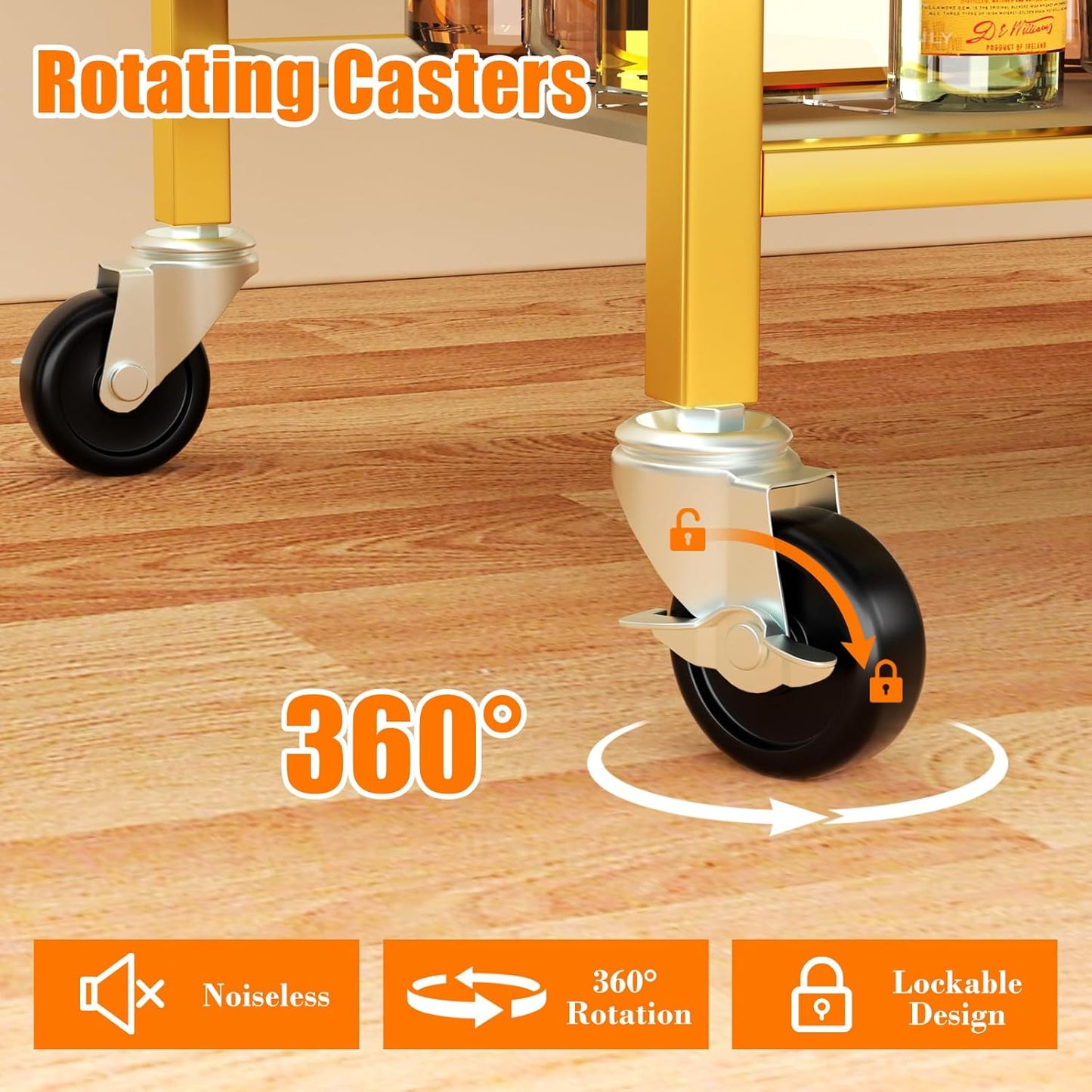 Gold Bar Cart, Serving Cart for Home, Rolling Beverage Cart with Wheels, Wine Cart, 3-Tier Drink Carts with Wine Rack, Glass Holder, Stylish Glass Shelf, for Kitchen, Living Room