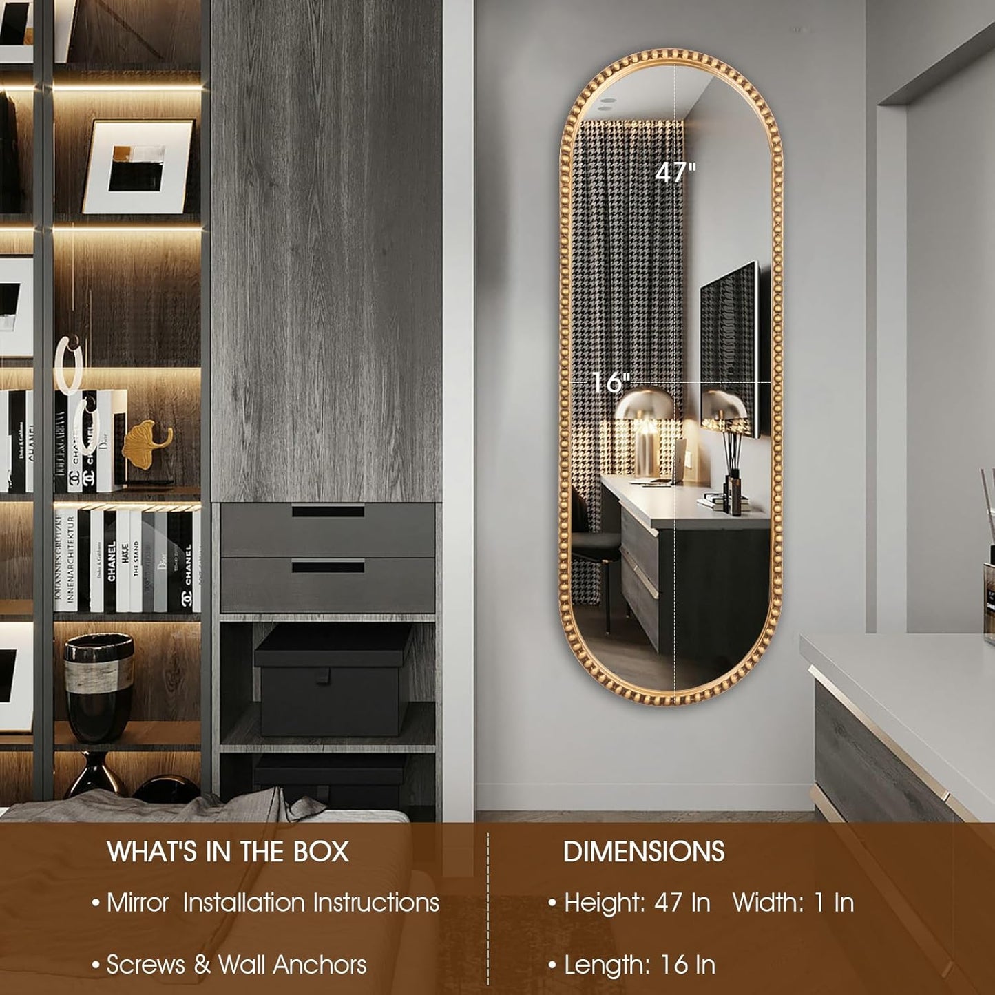 Oval Full Length Mirror, 16"x47" Metal Beaded Frame Large Hanging Dressing Floor Mirror for Bedroom, Living Room, Entryway, Antique Gold (No Stand)