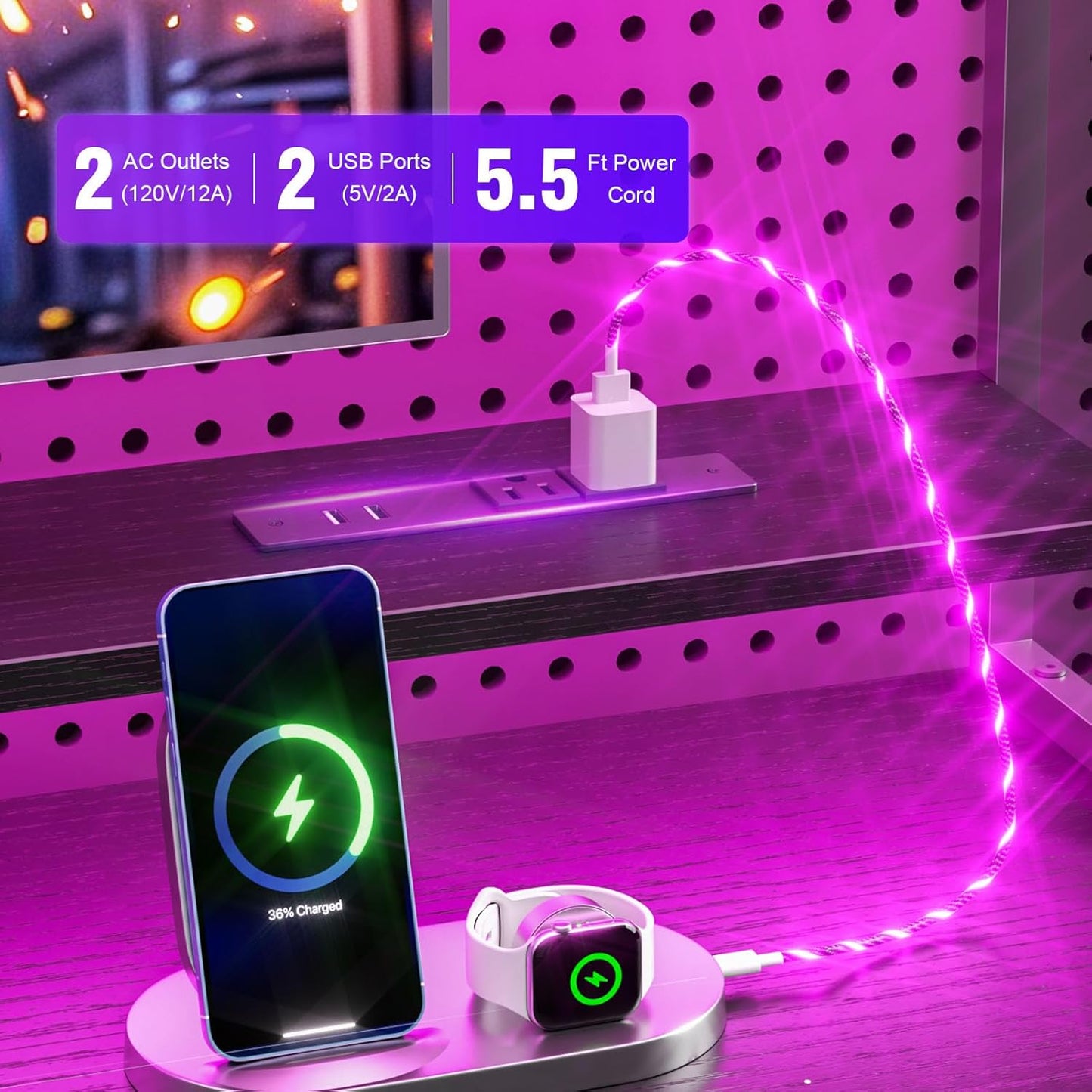 Computer Gaming Desk with Hutch, Home Office Desk with Power Outlets, LED Light, 5 Storage Drawers, 2 Tiers Shelves for Display, 47 Inch Modern Study Writing Table for Bedroom, Black