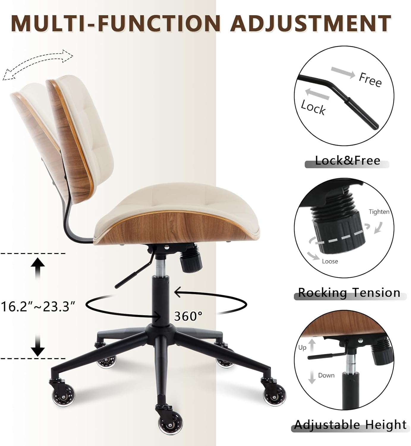 Home Office Desk Chair with Wheels, Adjustable Height Armless Office Chair, PU Leather Mid Back 360° Small Computer Chair, Modern Walnut Chair No Arms for Office, Reading Meeting Room(Beige)