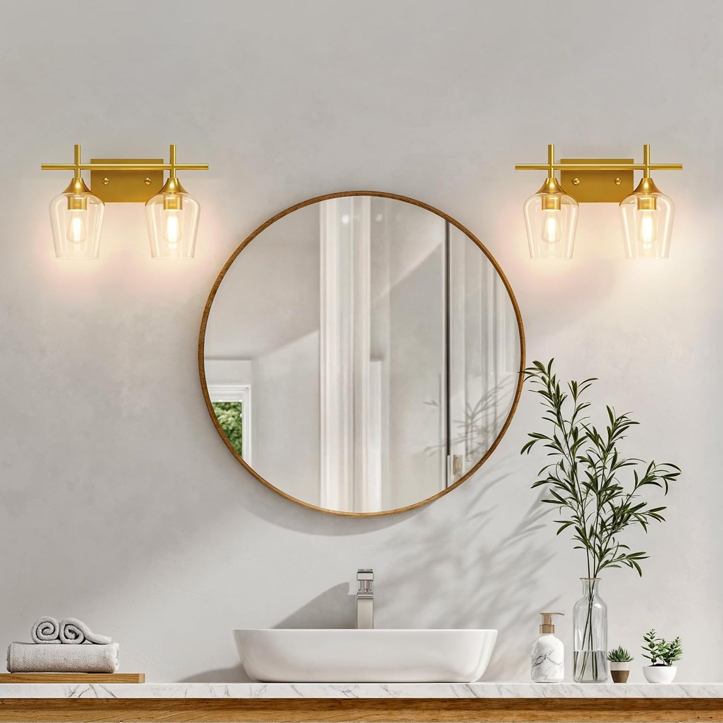 VONLUCE Bathroom Vanity Light, 2 Light Bathroom Light Fixture Over Mirror, Bathroom Wall Lamp with Clear Glass, Modern Gold Vanity Lighting fixtures for Bathroom, Bedroom, Hallway