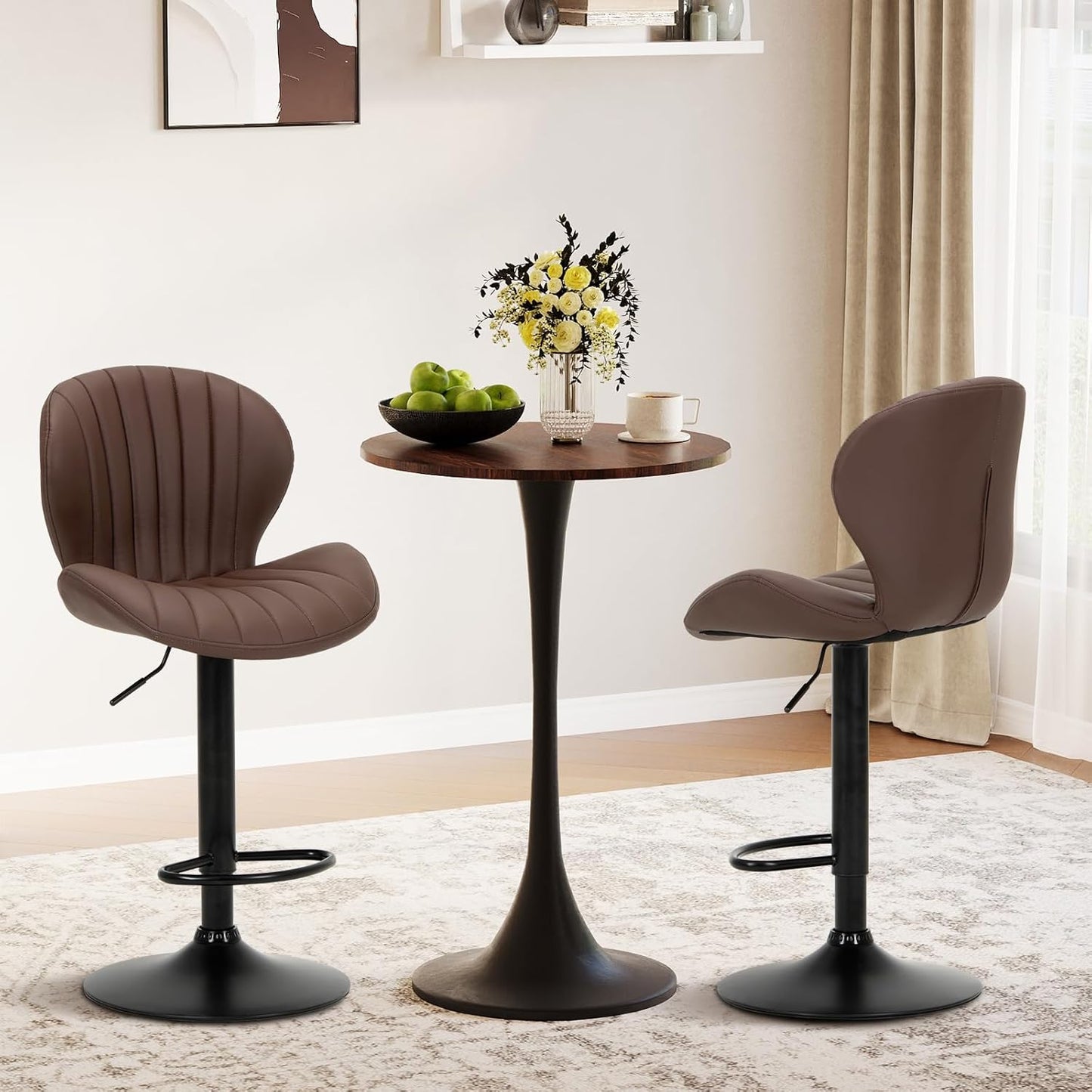 COLAMY Bar Stools Set of 6, Modern Swivel Bar Chairs, Adjustable Faux Leather Upholstered Barstools Counter Height with High Backrest for Bar, Kitchen Island, Dining Room, Brown