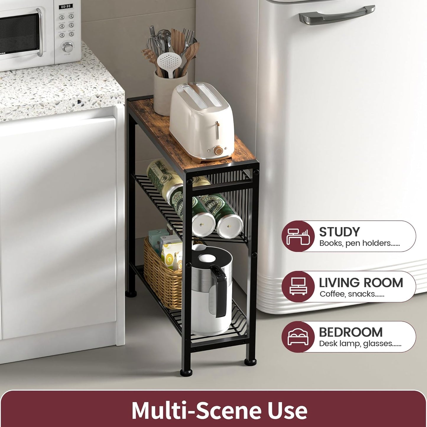 Narrow Side Table for Small Space, 3-Tier End Table with Magazine Holder,Slim Nightstand with Wire Shelf, Skinny Bedside Table in Living Room, Bedroom, Study, Kitchen and Balcony (Rustic Brown)