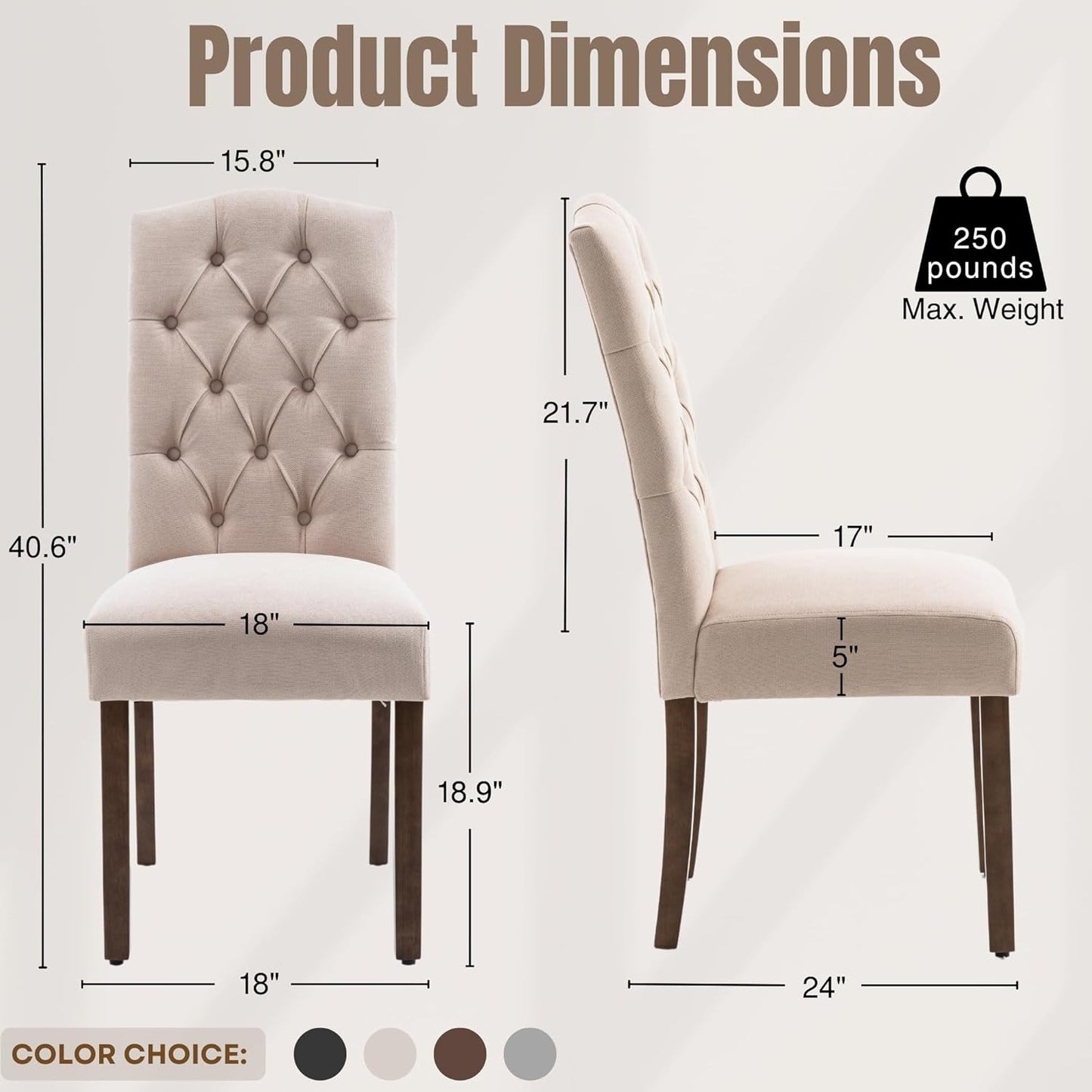 Tufted Upholstered Parsons Dining Chair Set Fabric Diner Accent Stylish Modern Kitchen Living Room with Button Sturdy Solid Wood Legs