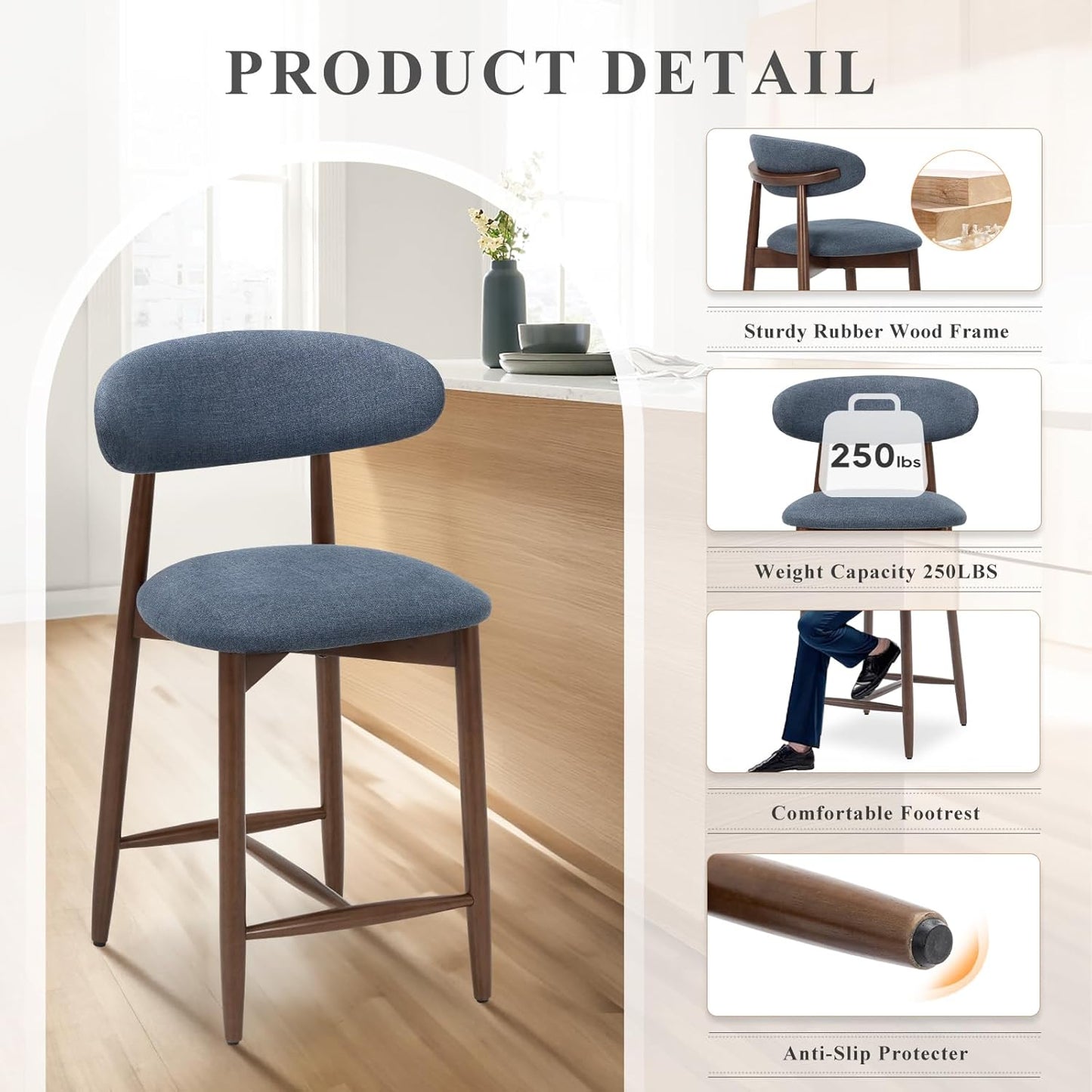 COLAMY Mid Century Modern Bar Stools Set of 4, Counter Height, Blue Fabric Upholstered Wooden Barstools with Back, 25 Inch