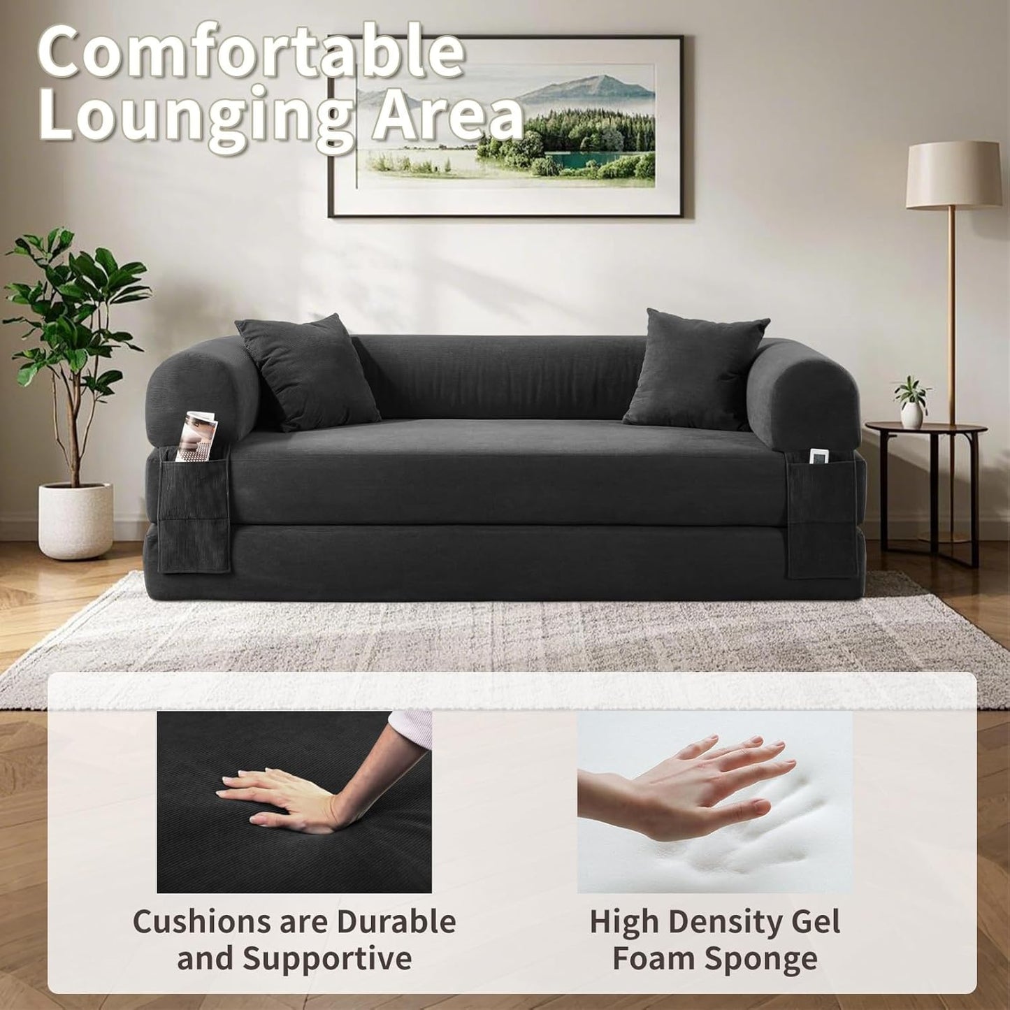 80" Convertible Sofa Bed, Corduroy Deep Seat Folding Pull Out Couch with Pillows, No Assembly Modern Boneless Couch Compression Sofa in Box, Floor Sofa with Storage Pocket for Living Room,Dark Grey