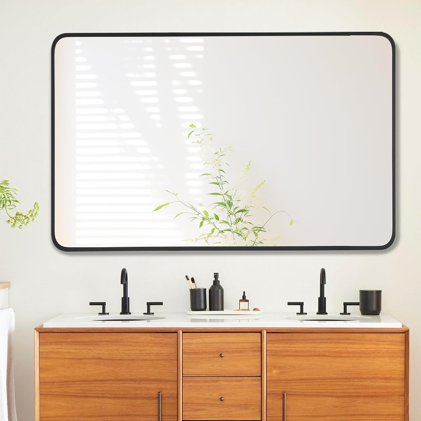 30x48 Inch Rectangle Bathroom Mirror with Black Metal Frame, Rounded Corner Rectangular Vanity Mirror for Wall, Modern Large for Bedroom, Living Room, Horizontal or Vertical