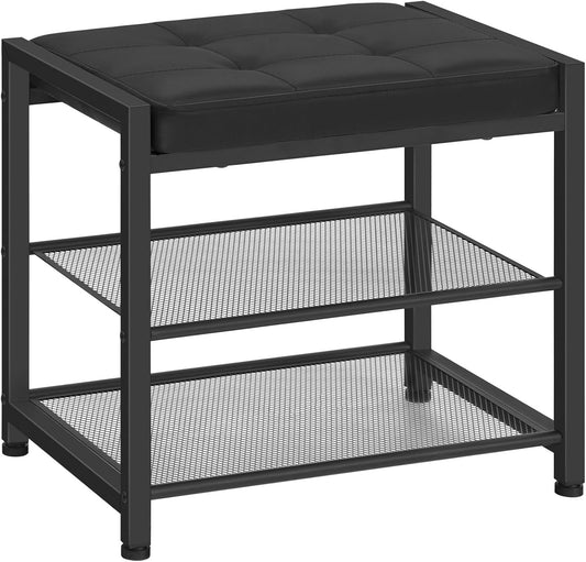 HOOBRO Small Shoe Bench, 3-Tier Shoe Rack, Shoe Storage Bench with PU Seat Cushion, Entryway Shoe Rack Bench with Metal Mesh Shelves, Freestanding Shoe Organizer for Hallway, Black BB33HX01