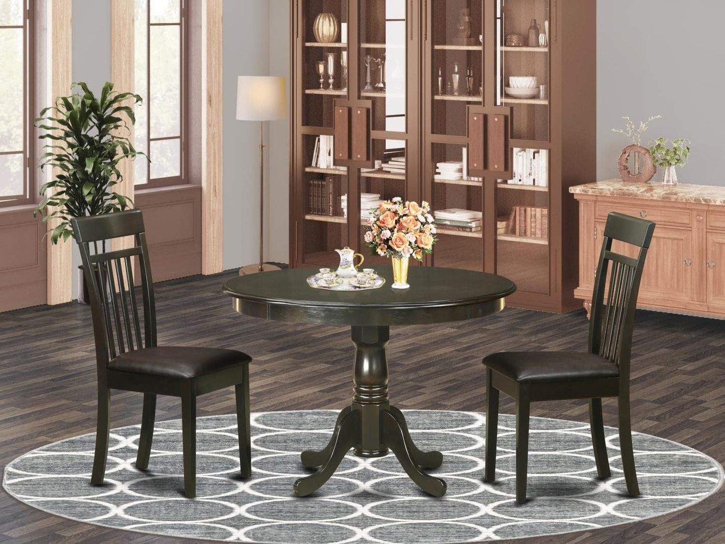 East West Furniture HLCA3-CAP-LC 3 Piece Modern Dining Table Set Contains a Round Wooden Table with Pedestal and 2 Faux Leather Dining Room Chairs, 42x42 Inch, Cappuccino