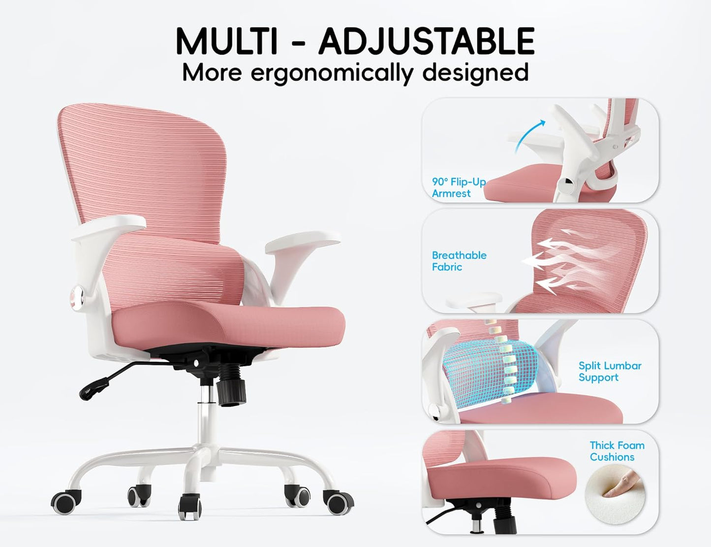 TRALT Office Chair - Ergonomic Office Chair with Back Support, Home Office Desk Chairs, Comfy Desk Chair, Computer Chair, 330lbs Wide Seat Big and Tall Office Chairs for Students (Pink)