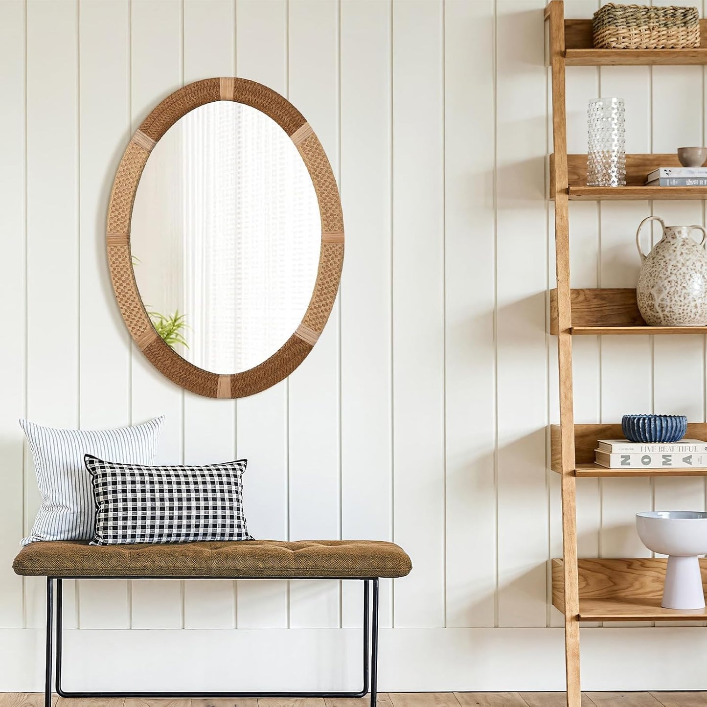 ULIKE Oval Rattan Wall Mirror, 22x30 Inch Rustic Farmhouse Wall Decor with Wicker Frame, Boho Mirror for Nursery Bathroom Bedroom Living Room Entryway