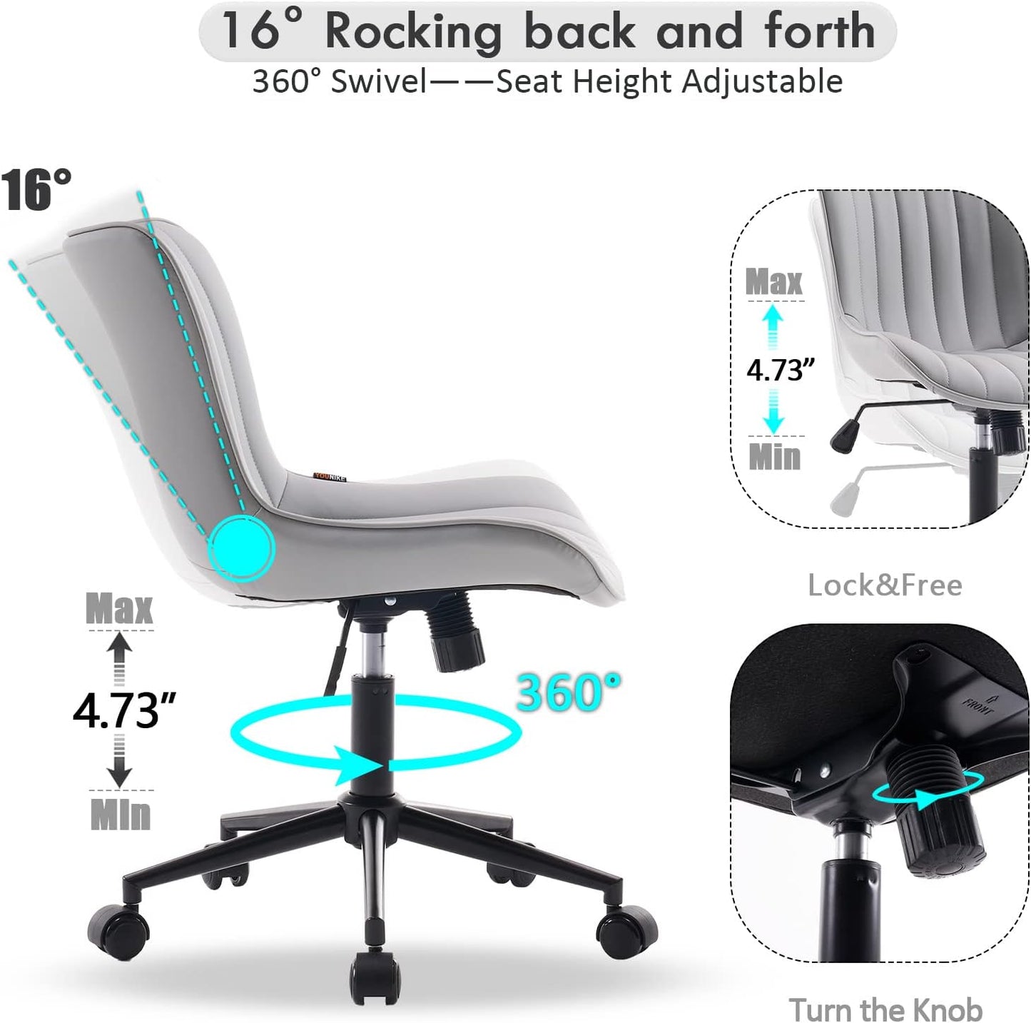 YOUNIKE Grey Home Office Desk Chair with Wheels Ergonomic Comfy Armless Vanity Chair with Back Modern Leather Upholstered Rolling Task Chair Small Cute Computer Drafting Sewing Chair Swivel Adjustable
