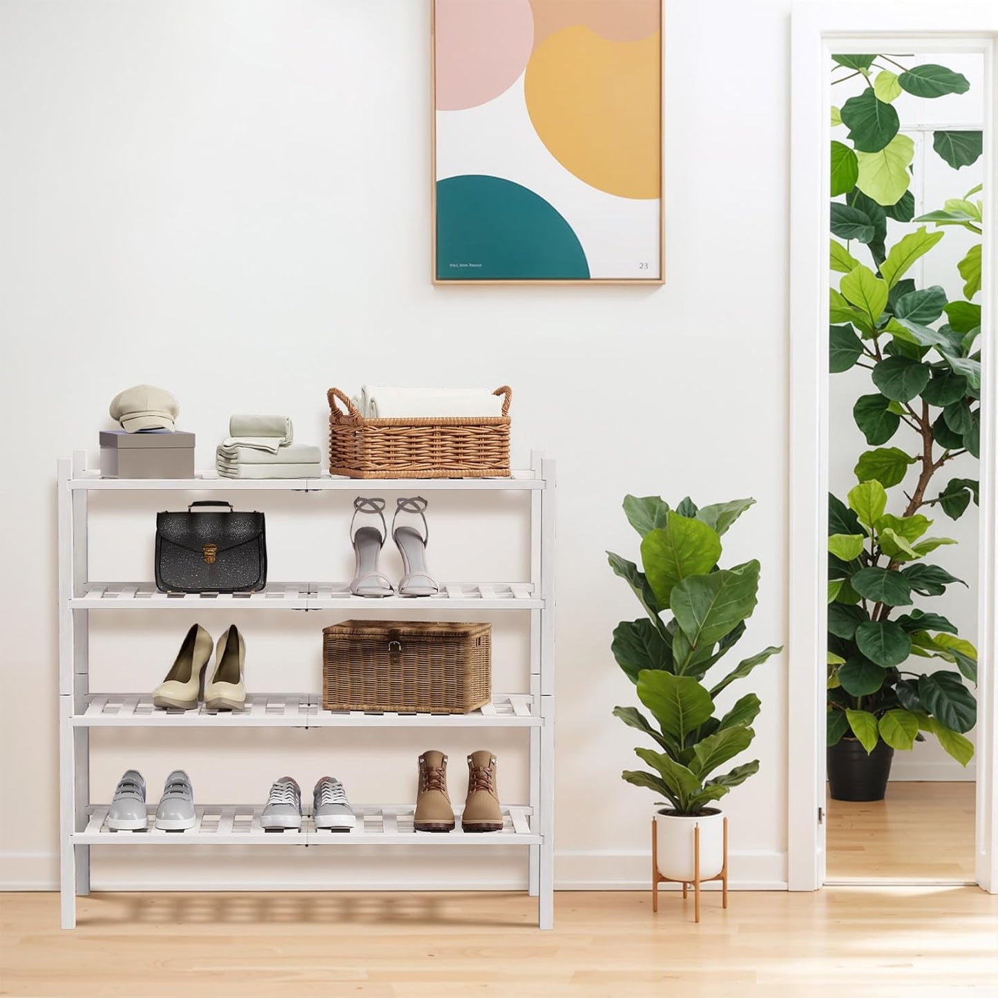 Haddockway 4 Tier Bamboo Shoe Rack Storage Organizer, Multifunctional Free Standing Stackable Shoe Shelf with Grid Panel for Closet,Hallway,Entryway,Small Space 27"x11"x26" (White, 4 Tier)