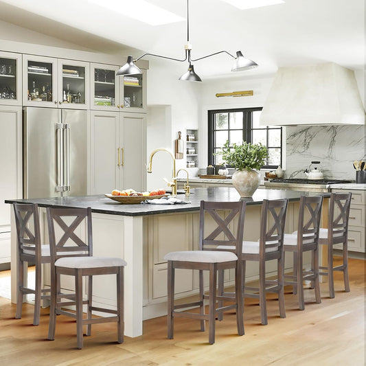 COLAMY Bar Stools Set of 6, Counter Height Bar Stools, Mid Century Modern Barstools, Wood Barstools for Kitchen Dining Room Bar, Light Brown Wash