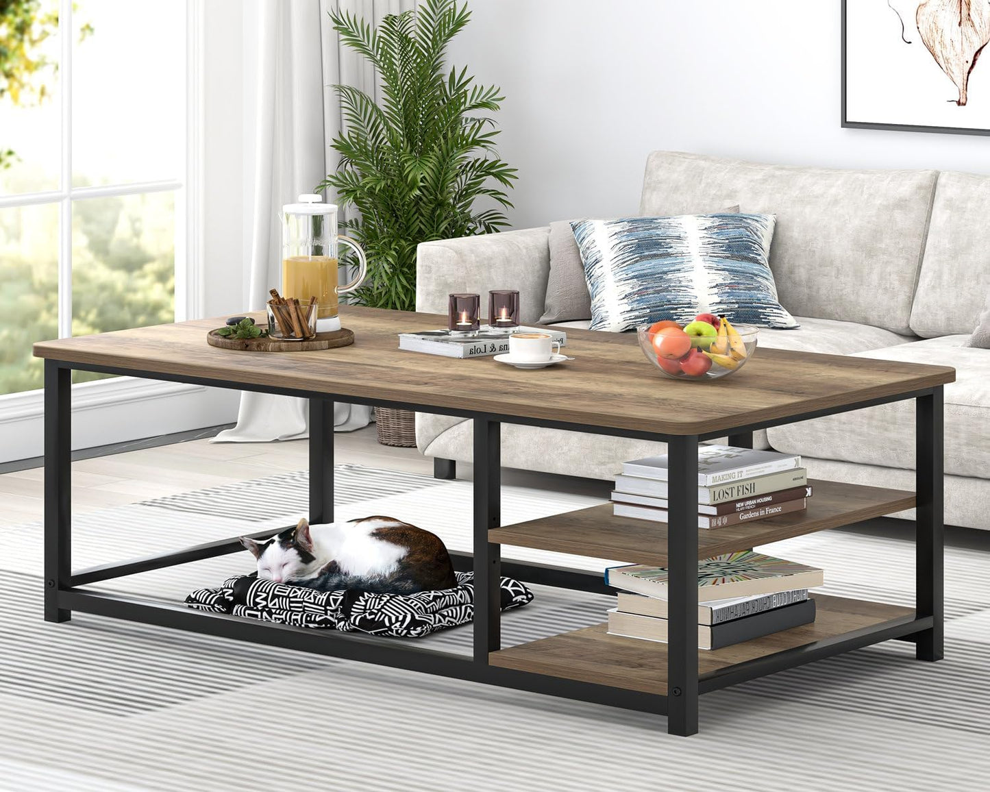 EXCEFUR Coffee Table with Storage Shelf, Modern Wood and Metal Center Table for Living Room, Rustic Oak, 47 Inch