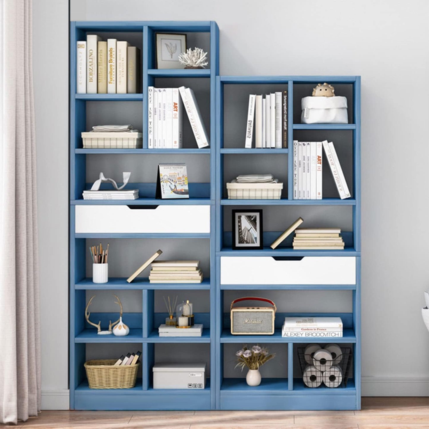 IOTXY Wooden Open Shelf Bookcase - 71 Inches Tall Freestanding Display Storage Cabinet Organizer with 10 Cubes and a Drawer, Floor Standing Bookshelf in Bright Blue