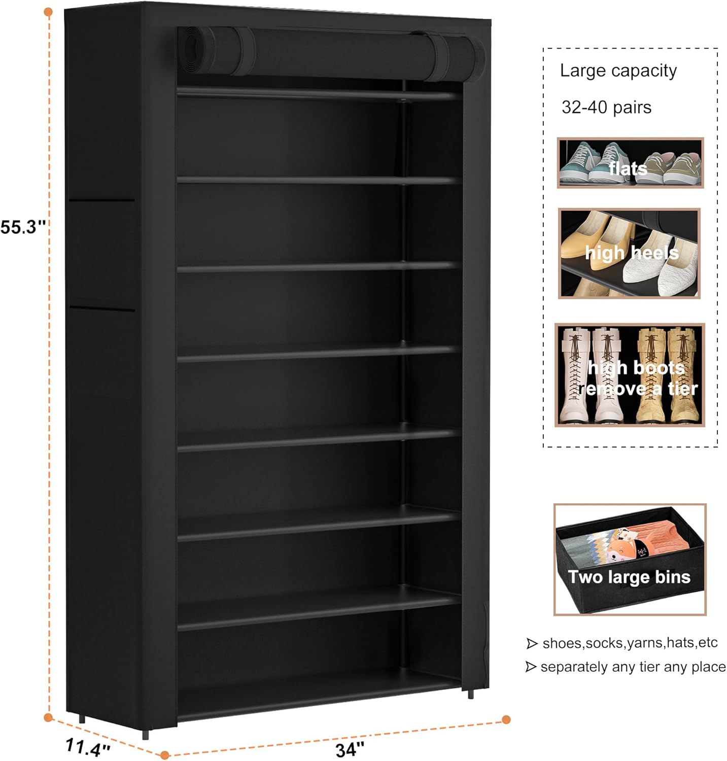 Tall Shoe Rack Dustproof Cabinet Large Capacity 8 Tier Shoe Organizer,32-40 Pairs of Shoes