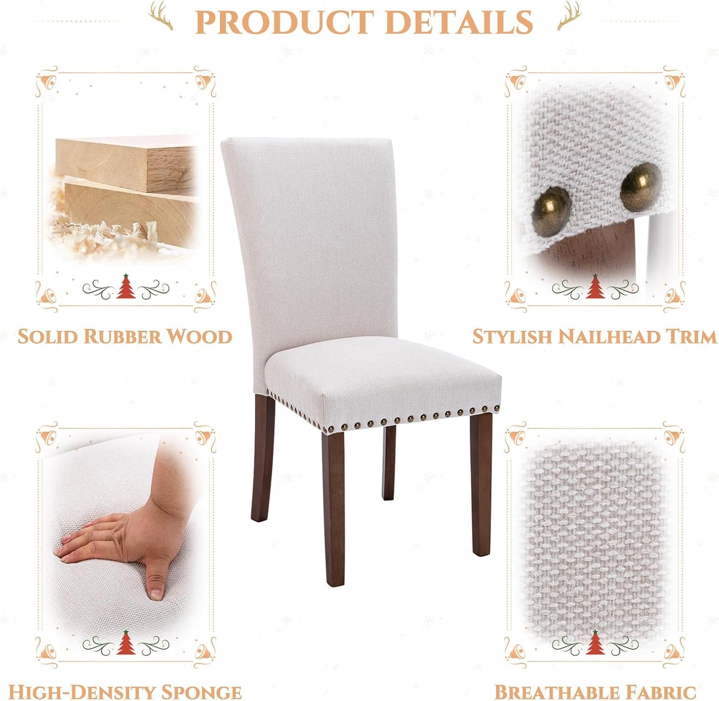 Set of 6 Beige Upholstered Dining Chairs, Farmhouse Kitchen Chairs with High Back, Solid Rubberwood Legs, Comfortable Padded Foam Seat, Bronze Nailhead Trim, Dining Room Chairs for Large Families