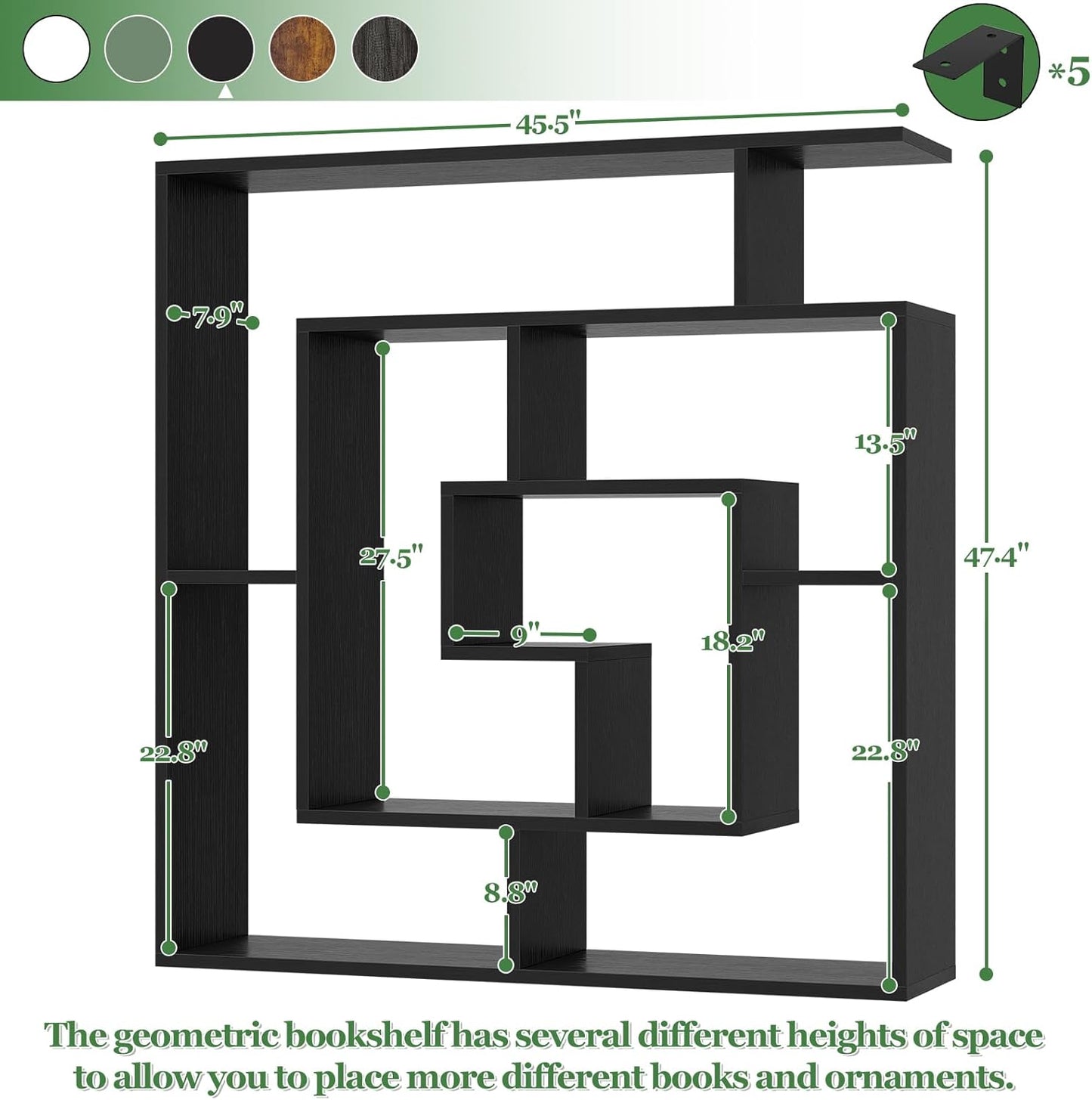 Armocity 5 Tier Display Book Shelf Wall Mounted Bookshelf Freestanding Geometric Bookcase Floating Book Shelves for Wall Bedroom Living Room Home Office, 45.5"(W) * 47"(H), Black