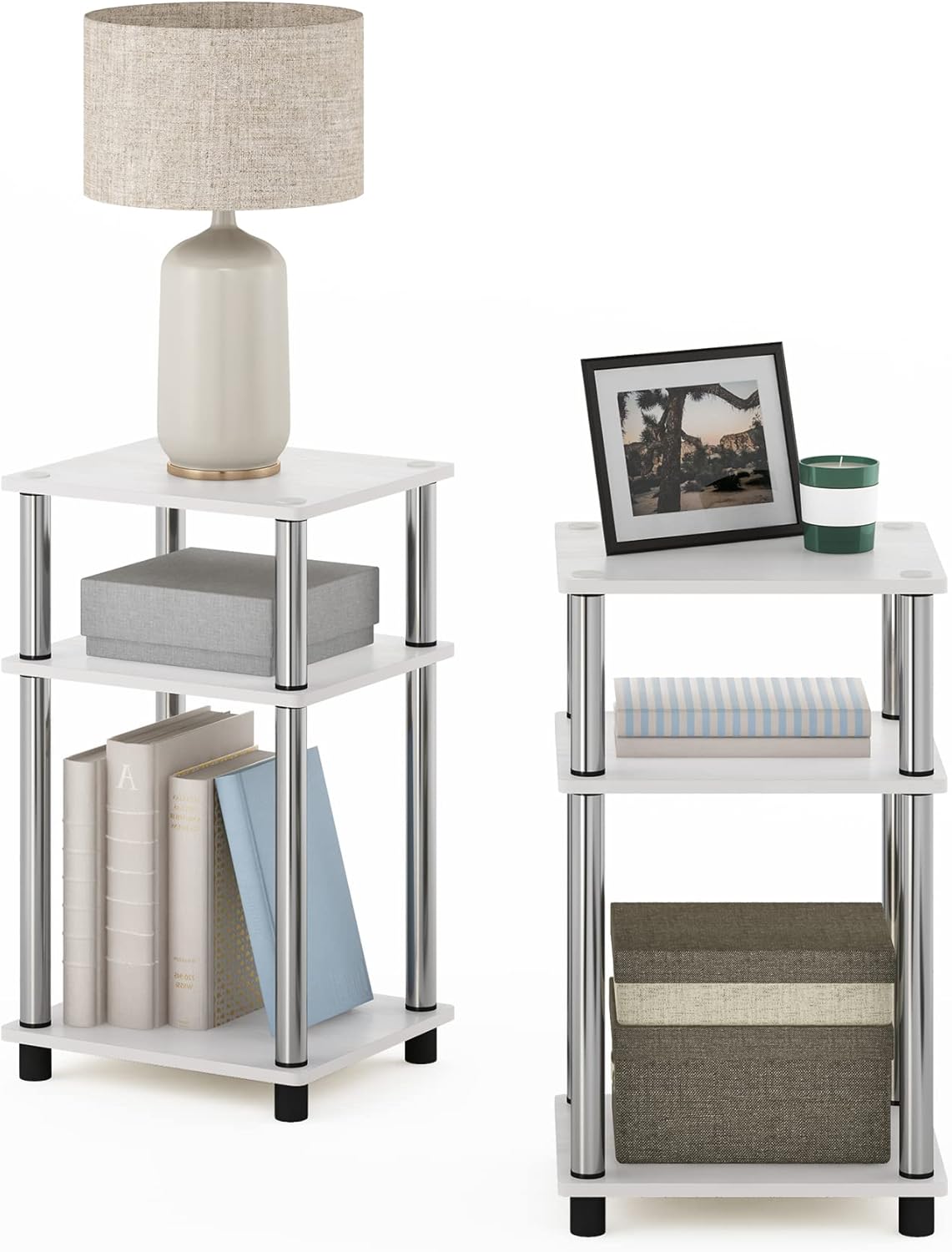 Furinno Simplistic End Side Night Stand/Bedside Table with Stainless Steel Tubes, 2-Pack, 2-Tier Poles, White Oak/Chrome