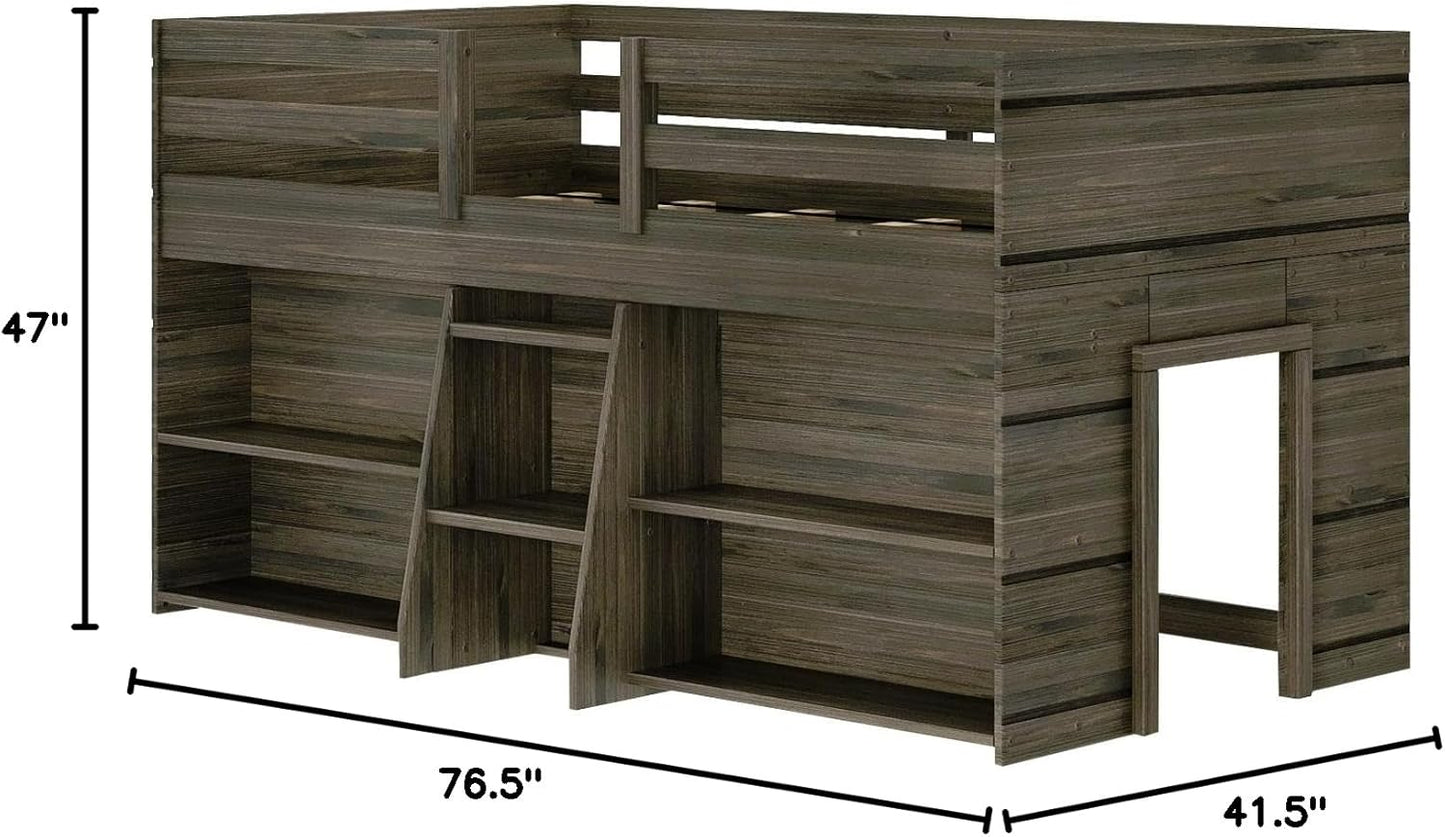 Max & Lily Modern Farmhouse Low Loft Bed, Twin Bed Frame for Kids with 2 Bookcases, Barnwood Brown