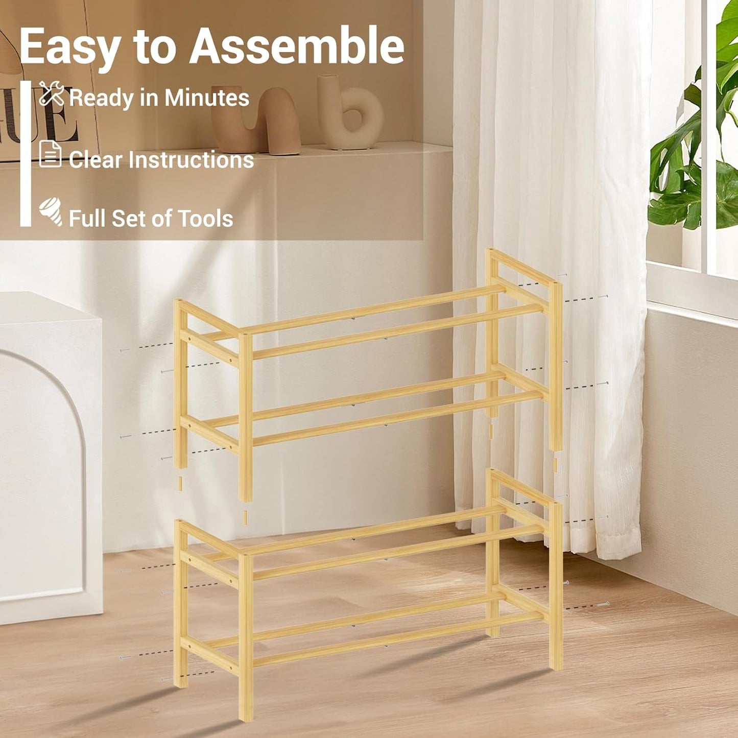 Haddockway Bamboo Shoe Rack for Closet, Free Standing Shoe Organizer with Smooth Round Rods & Convenient Handles, Stackable Shoe Storage Shelf for Entryway, Hallway(Natural, 4-Tier)