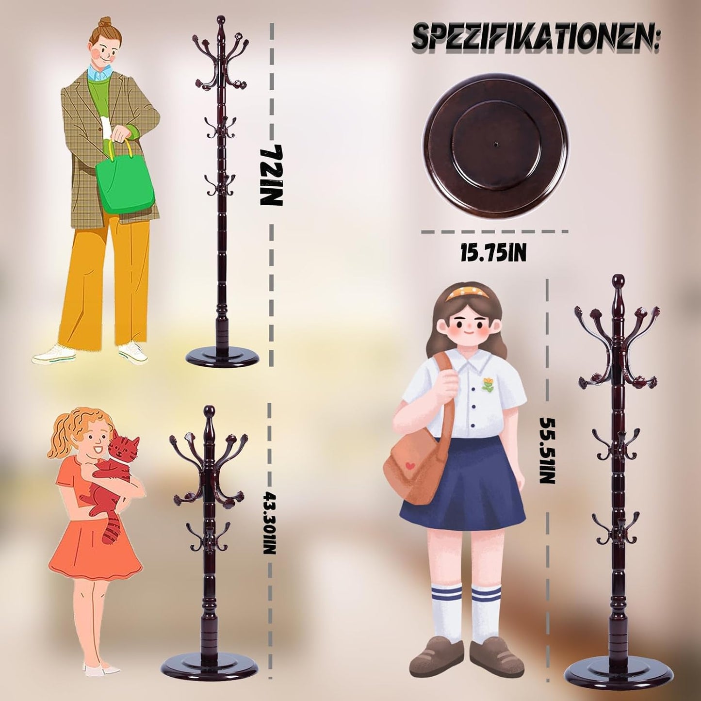 72 in Wood Coat Rack, Coat Rack Freestanding with Stable Round Base, Adjustable Height Tree Coat Racks Stand for Home Bedroom Office Hallway Entryway (Rosewood Ruyi Hook)