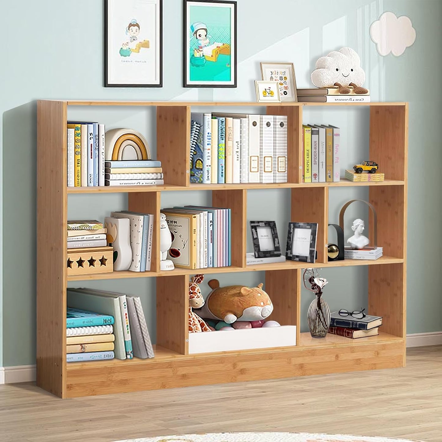 Maydear 47.24” Bamboo Bookshelf, 10 Cube Bookshelf with Base 3 Tier Open Shelf Bookcases, Freestanding Book Storage Organizer Display Shelf for Bedroom, Living Room, Home Office