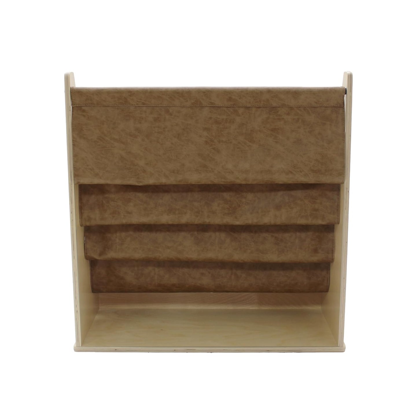 Factory Direct Partners Rustic Kid Birch Sling Book Display; Distressed Faux Leather 4-Shelf Storage for Books or Magazines; Furniture for Bedroom, Playroom, Daycare or Classroom - Pecan, 13745-321