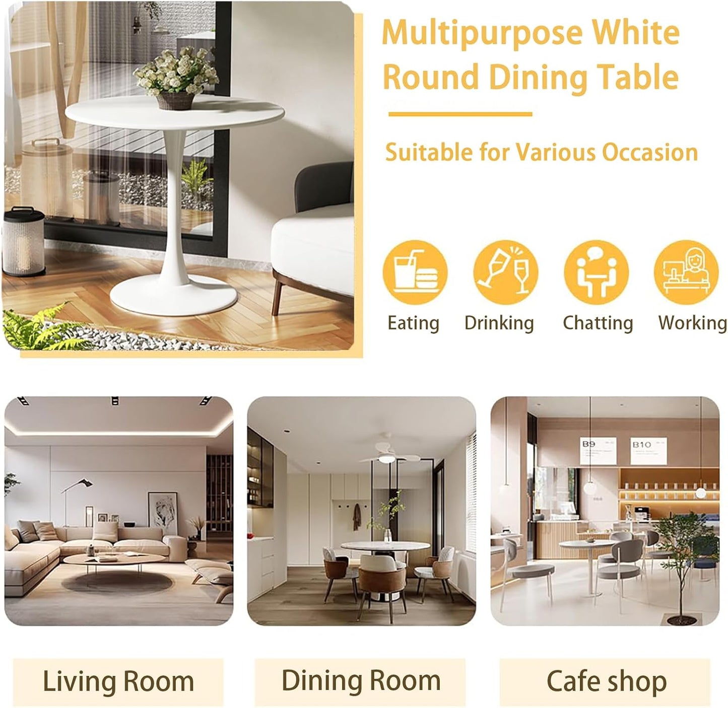 Round White Dining Table, 31.5" Tulip Table, Round Dining Table with Pedestal Base, White Dining Table for 1-4 Person, Mid-Century Leisure Table for Kitchen, Living Room, Restaurant, Cafe