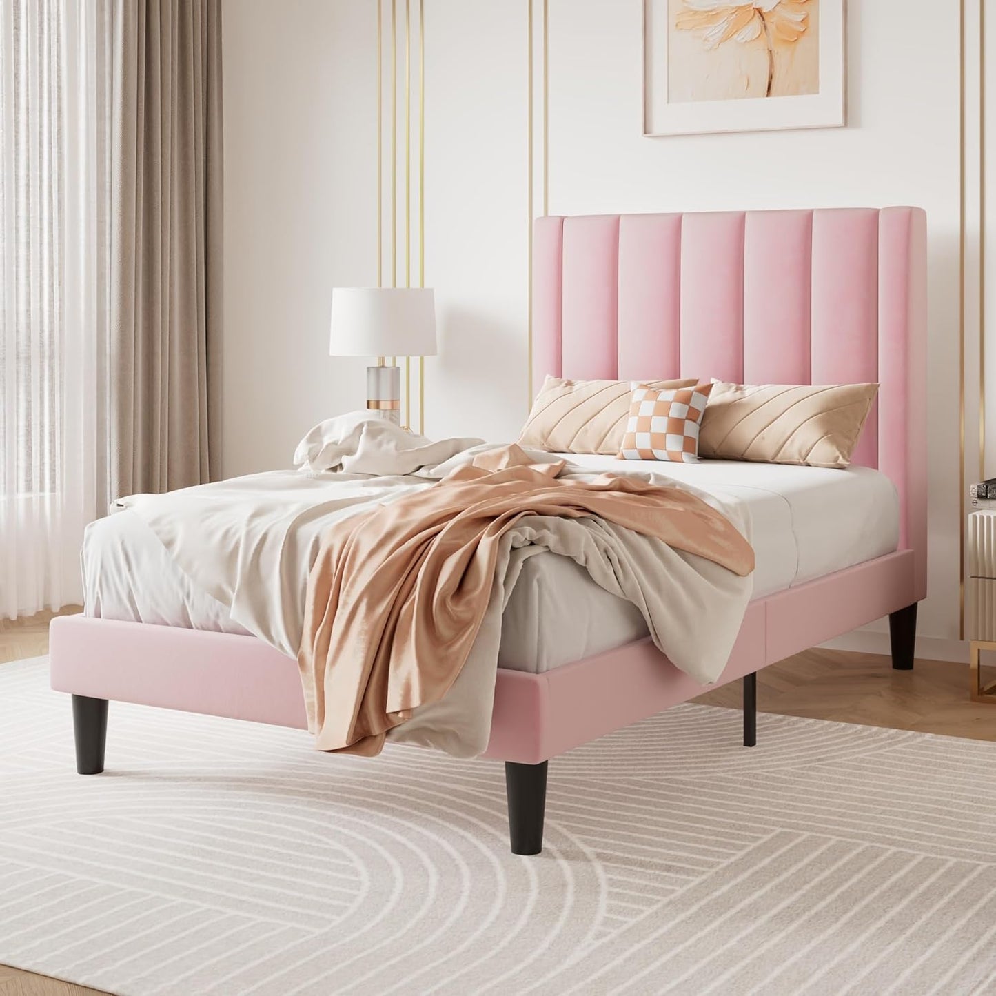 SHA CERLIN Twin Bed Frame/Velvet Upholstered Platform Bed Frame with Headboard/Strong Wood Slats Support/Mattress Foundation/No Box Spring Needed - Pink